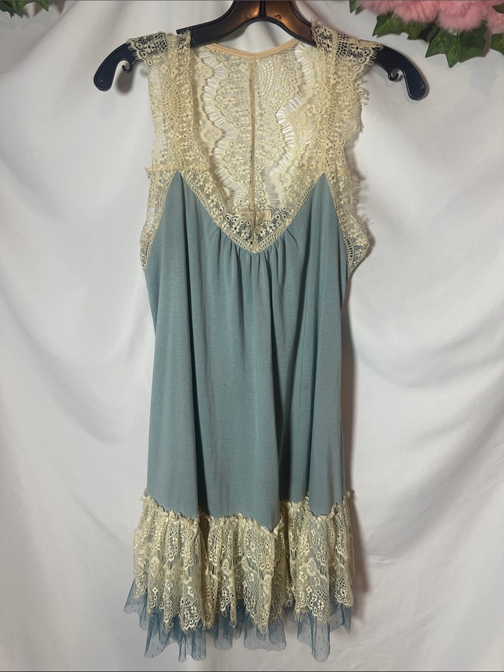 Ryu Sage Blue Slip Dress with Cream Lace Trim